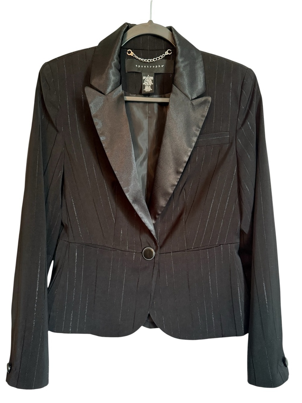 Apostrophe Black Pinstripe Satin-Trim Single-Button Blazer
